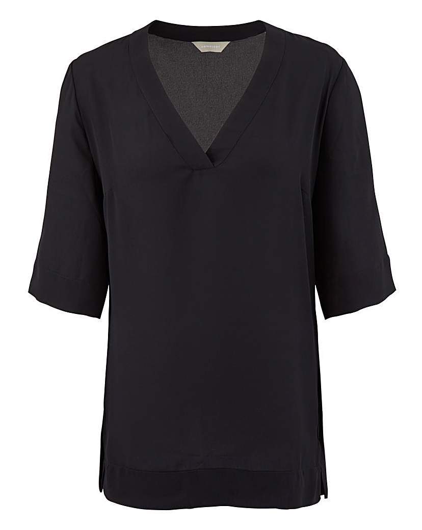 V Neck Split Side Top - neckline: v-neck; pattern: plain; predominant colour: black; occasions: casual, creative work; length: standard; style: top; fibres: polyester/polyamide - 100%; fit: straight cut; sleeve length: half sleeve; sleeve style: standard; pattern type: fabric; texture group: other - light to midweight; season: a/w 2015