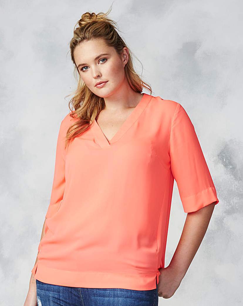 V Neck Split Side Top - neckline: v-neck; pattern: plain; predominant colour: coral; occasions: casual; length: standard; style: top; fit: straight cut; sleeve length: half sleeve; sleeve style: standard; pattern type: fabric; texture group: other - light to midweight; season: a/w 2015