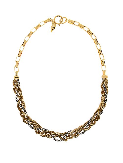 Hematite Crystal Embellished Plaited Chain Neckace - predominant colour: gold; occasions: evening; length: short; size: standard; material: chain/metal; finish: metallic; embellishment: crystals/glass; style: bib/statement; season: a/w 2015