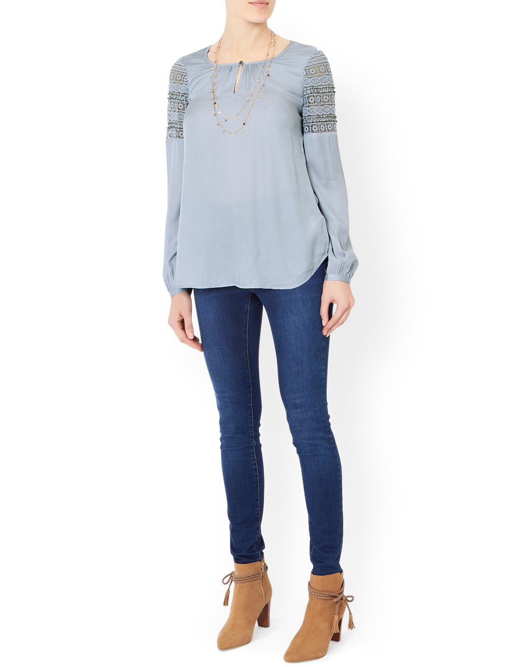 Leeda Lace Top - neckline: round neck; style: blouse; predominant colour: pale blue; occasions: casual, creative work; length: standard; fibres: polyester/polyamide - 100%; fit: straight cut; shoulder detail: added shoulder detail; sleeve length: long sleeve; sleeve style: standard; texture group: crepes; pattern type: fabric; pattern size: standard; pattern: patterned/print; embellishment: lace; season: a/w 2015