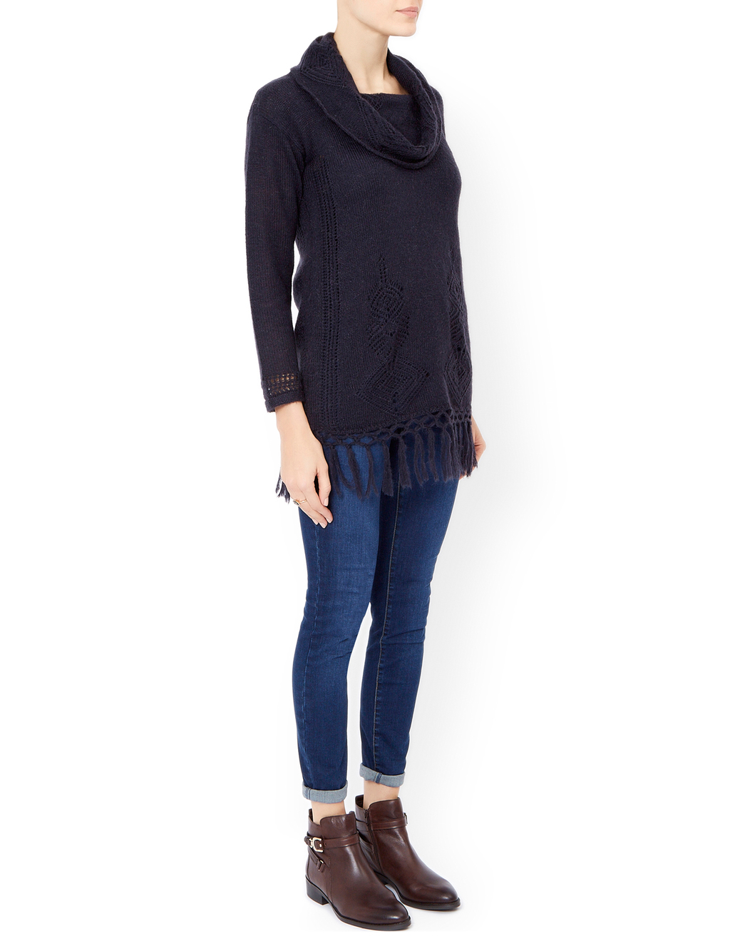 Jessie Mohair Pointelle Tunic - neckline: cowl/draped neck; pattern: plain; length: below the bottom; style: tunic; predominant colour: navy; occasions: casual, creative work; fit: body skimming; hip detail: added detail/embellishment at hip; sleeve length: long sleeve; sleeve style: standard; pattern type: fabric; texture group: jersey - stretchy/drapey; embellishment: fringing; season: a/w 2015