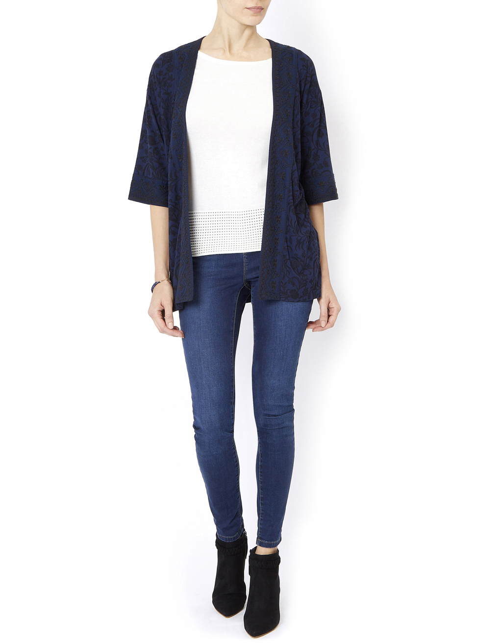 Helena Print Kimono - pattern: plain; sleeve style: kimono; neckline: collarless open; style: open front; predominant colour: navy; occasions: casual, creative work; length: standard; fit: standard fit; sleeve length: 3/4 length; texture group: knits/crochet; season: a/w 2015