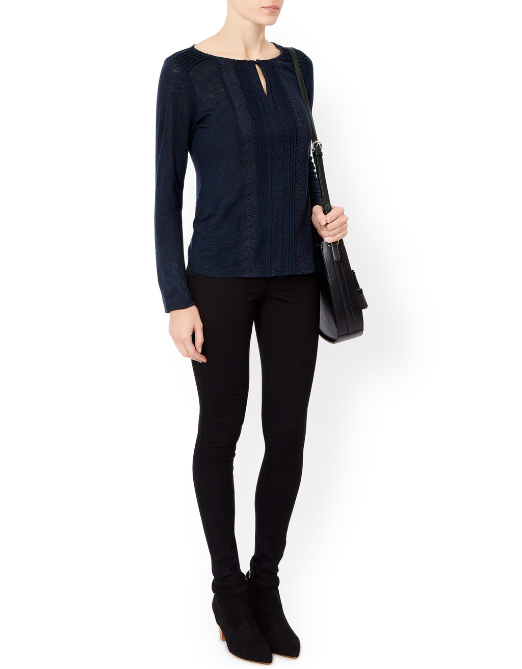 Lana Linen Lace Insert Top - pattern: plain; predominant colour: navy; occasions: casual; length: standard; style: top; neckline: peep hole neckline; fibres: linen - mix; fit: body skimming; sleeve length: long sleeve; sleeve style: standard; texture group: jersey - stretchy/drapey; embellishment: lace; season: a/w 2015