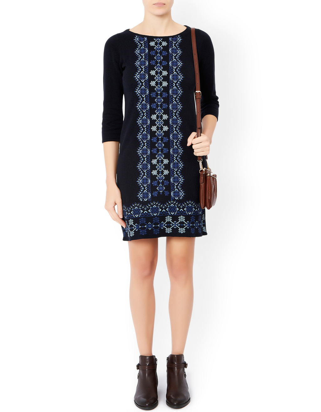 Julia Jacquard Embroidered Dress - style: tunic; length: mid thigh; neckline: round neck; predominant colour: navy; occasions: casual; fit: body skimming; fibres: cotton - stretch; sleeve length: long sleeve; sleeve style: standard; pattern type: fabric; pattern size: standard; pattern: patterned/print; texture group: brocade/jacquard; embellishment: embroidered; multicoloured: multicoloured; season: a/w 2015
