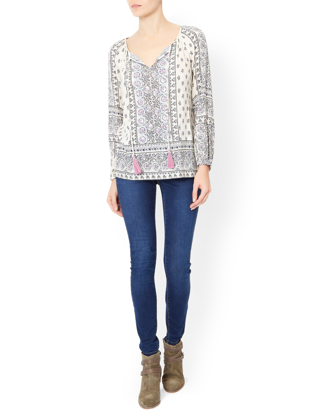 Tamsin Printed Blouse - neckline: v-neck; style: blouse; predominant colour: ivory/cream; secondary colour: ivory/cream; occasions: casual; length: standard; fibres: viscose/rayon - 100%; fit: straight cut; sleeve length: long sleeve; sleeve style: standard; pattern type: fabric; pattern size: standard; pattern: patterned/print; texture group: other - light to midweight; multicoloured: multicoloured; season: a/w 2015