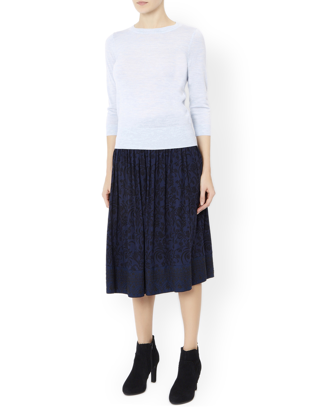 Helena Print Skirt - length: below the knee; pattern: plain; fit: loose/voluminous; waist: high rise; predominant colour: navy; style: a-line; occasions: occasion, creative work; waist detail: narrow waistband; pattern type: fabric; texture group: other - light to midweight; embellishment: embroidered; season: a/w 2015