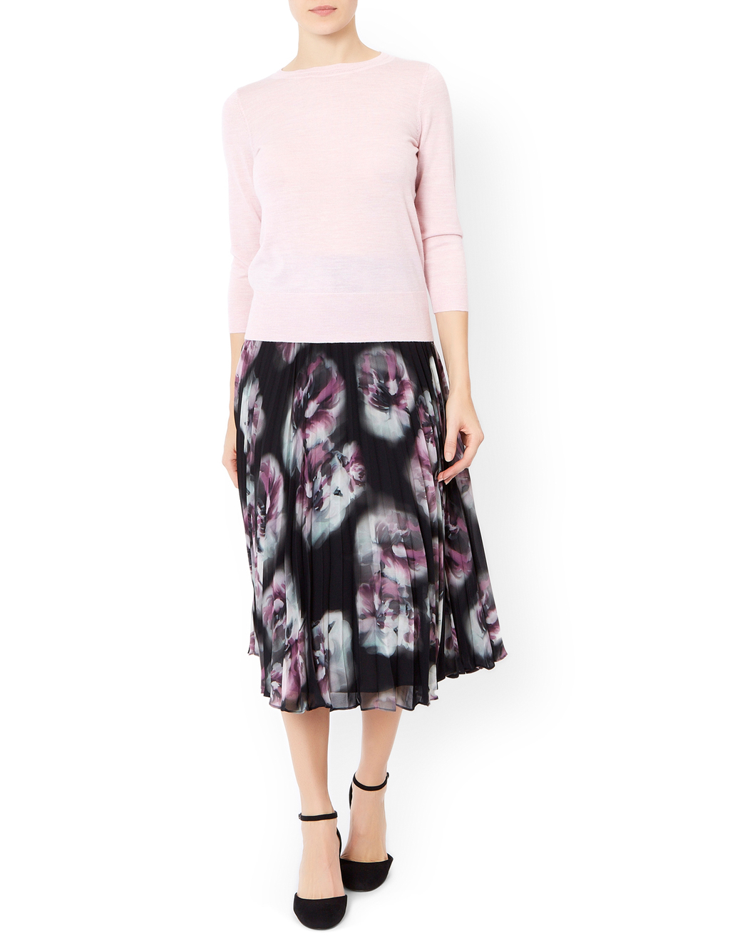 Phillipa Pleat Skirt - length: below the knee; fit: loose/voluminous; style: pleated; waist: high rise; predominant colour: black; fibres: polyester/polyamide - 100%; occasions: occasion; hip detail: structured pleats at hip; pattern type: fabric; pattern: patterned/print; texture group: other - light to midweight; pattern size: big & busy (bottom); season: a/w 2015