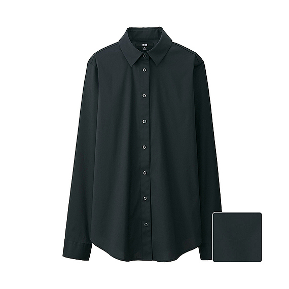 Women Supima Cotton Stretch Long Sleeve Shirt Black - neckline: shirt collar/peter pan/zip with opening; pattern: plain; length: below the bottom; style: shirt; predominant colour: black; occasions: casual, creative work; fibres: cotton - mix; fit: loose; sleeve length: long sleeve; sleeve style: standard; texture group: cotton feel fabrics; pattern type: fabric; season: a/w 2015