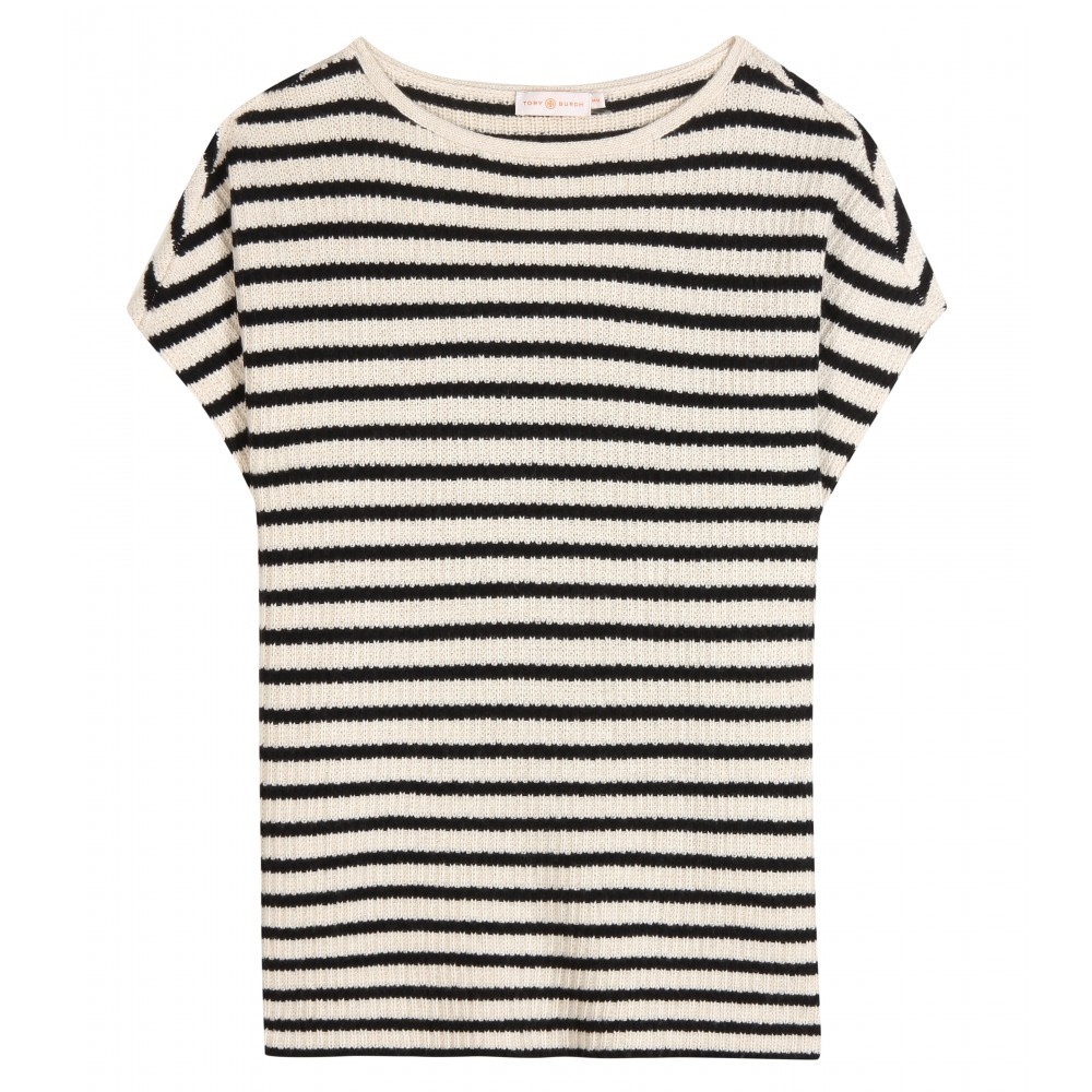 Wool And Cashmere Blend Top - neckline: round neck; sleeve style: capped; pattern: horizontal stripes; secondary colour: ivory/cream; predominant colour: black; occasions: casual, creative work; length: standard; style: top; fit: straight cut; sleeve length: short sleeve; pattern type: fabric; texture group: other - light to midweight; fibres: cashmere - mix; pattern size: big & busy (top); season: a/w 2015