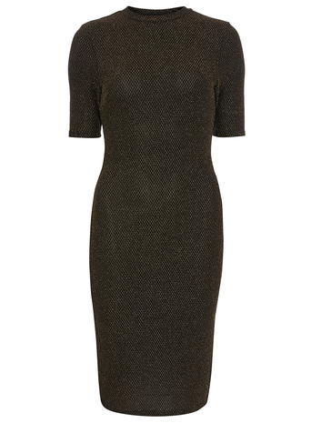 Womens Gold Bodycon Dress Gold - style: shift; pattern: plain; neckline: high neck; predominant colour: gold; occasions: evening; length: on the knee; fit: body skimming; fibres: polyester/polyamide - stretch; sleeve length: half sleeve; sleeve style: standard; pattern type: fabric; texture group: jersey - stretchy/drapey; season: a/w 2015