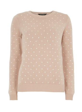 Womens Nude Embroidered Spot Jumper White - pattern: polka dot; style: standard; secondary colour: blush; predominant colour: nude; occasions: casual, creative work; length: standard; fibres: cotton - mix; fit: standard fit; neckline: crew; sleeve length: long sleeve; sleeve style: standard; texture group: knits/crochet; pattern type: knitted - fine stitch; pattern size: standard; season: a/w 2015