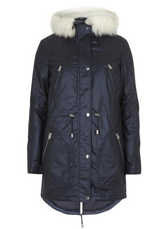 Womens Navy Shimmer Luxe Coated Parka Blue - pattern: plain; style: parka; back detail: hood; collar: high neck; length: mid thigh; predominant colour: navy; occasions: casual; fit: straight cut (boxy); fibres: cotton - 100%; sleeve length: long sleeve; sleeve style: standard; texture group: technical outdoor fabrics; collar break: high; pattern type: fabric; embellishment: fur; season: a/w 2015