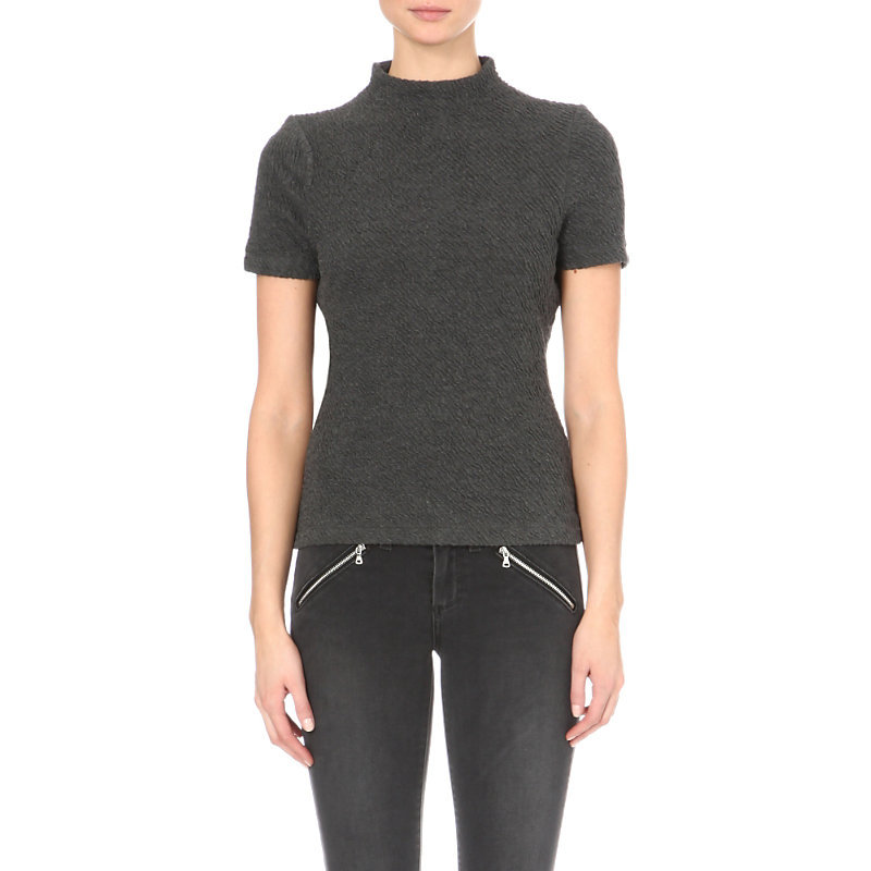 Ripple Texured Turtleneck Top, Women's, Size: Small, Grey - pattern: plain; neckline: high neck; predominant colour: charcoal; occasions: casual; length: standard; style: top; fibres: polyester/polyamide - stretch; fit: body skimming; sleeve length: short sleeve; sleeve style: standard; pattern type: fabric; texture group: jersey - stretchy/drapey; season: a/w 2015