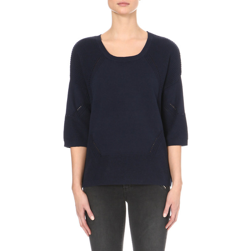 Rimsky Pointelle Stitched Jumper, Women's, Size: Medium, Blue - neckline: round neck; pattern: plain; style: standard; predominant colour: navy; occasions: casual, creative work; length: standard; fibres: wool - mix; fit: standard fit; sleeve length: 3/4 length; sleeve style: standard; texture group: knits/crochet; pattern type: knitted - fine stitch; season: a/w 2015