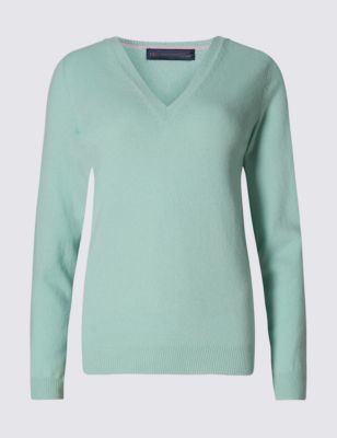 Pure Cashmere V Neck Jumper - neckline: v-neck; pattern: plain; style: standard; predominant colour: pistachio; occasions: casual, creative work; length: standard; fit: standard fit; fibres: cashmere - 100%; sleeve length: long sleeve; sleeve style: standard; texture group: knits/crochet; pattern type: knitted - fine stitch; season: s/s 2015