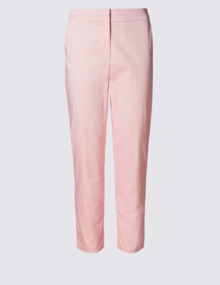 Cotton Rich Split Waistband 7/8 Trousers - pattern: plain; waist: mid/regular rise; predominant colour: pink; occasions: casual, creative work; length: ankle length; fibres: cotton - stretch; texture group: cotton feel fabrics; fit: slim leg; pattern type: fabric; style: standard; season: a/w 2015