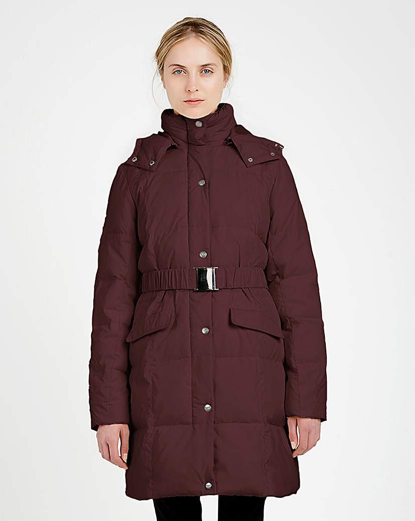 Puffa Padded Belted Coat - pattern: plain; collar: funnel; length: mid thigh; predominant colour: burgundy; occasions: casual; fit: tailored/fitted; fibres: polyester/polyamide - 100%; waist detail: belted waist/tie at waist/drawstring; sleeve length: long sleeve; sleeve style: standard; texture group: technical outdoor fabrics; collar break: high; pattern type: fabric; style: puffa; season: a/w 2015