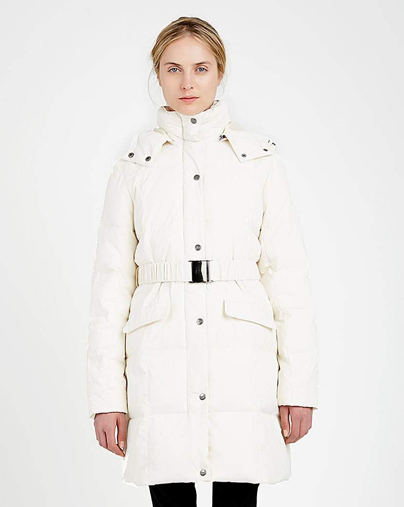 Puffa Padded Belted Coat - pattern: plain; collar: funnel; length: mid thigh; predominant colour: white; occasions: casual; fit: tailored/fitted; fibres: polyester/polyamide - 100%; waist detail: belted waist/tie at waist/drawstring; sleeve length: long sleeve; sleeve style: standard; texture group: technical outdoor fabrics; collar break: high; pattern type: fabric; style: puffa; season: a/w 2015