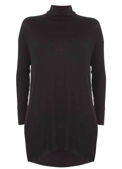 Black Pleat Back Polo - pattern: plain; length: below the bottom; neckline: roll neck; predominant colour: black; occasions: casual, creative work; style: top; fibres: viscose/rayon - 100%; fit: body skimming; sleeve length: long sleeve; sleeve style: standard; pattern type: fabric; texture group: jersey - stretchy/drapey; season: a/w 2015