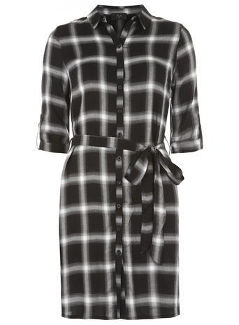 Womens **Ax Paris Navy Black Check Shirt Dress Black - style: shirt; neckline: shirt collar/peter pan/zip with opening; fit: loose; pattern: checked/gingham; waist detail: belted waist/tie at waist/drawstring; bust detail: buttons at bust (in middle at breastbone)/zip detail at bust; secondary colour: white; predominant colour: black; occasions: casual, creative work; length: just above the knee; fibres: cotton - mix; sleeve length: 3/4 length; sleeve style: standard; pattern type: fabric; pattern size: standard; texture group: other - light to midweight; season: a/w 2015
