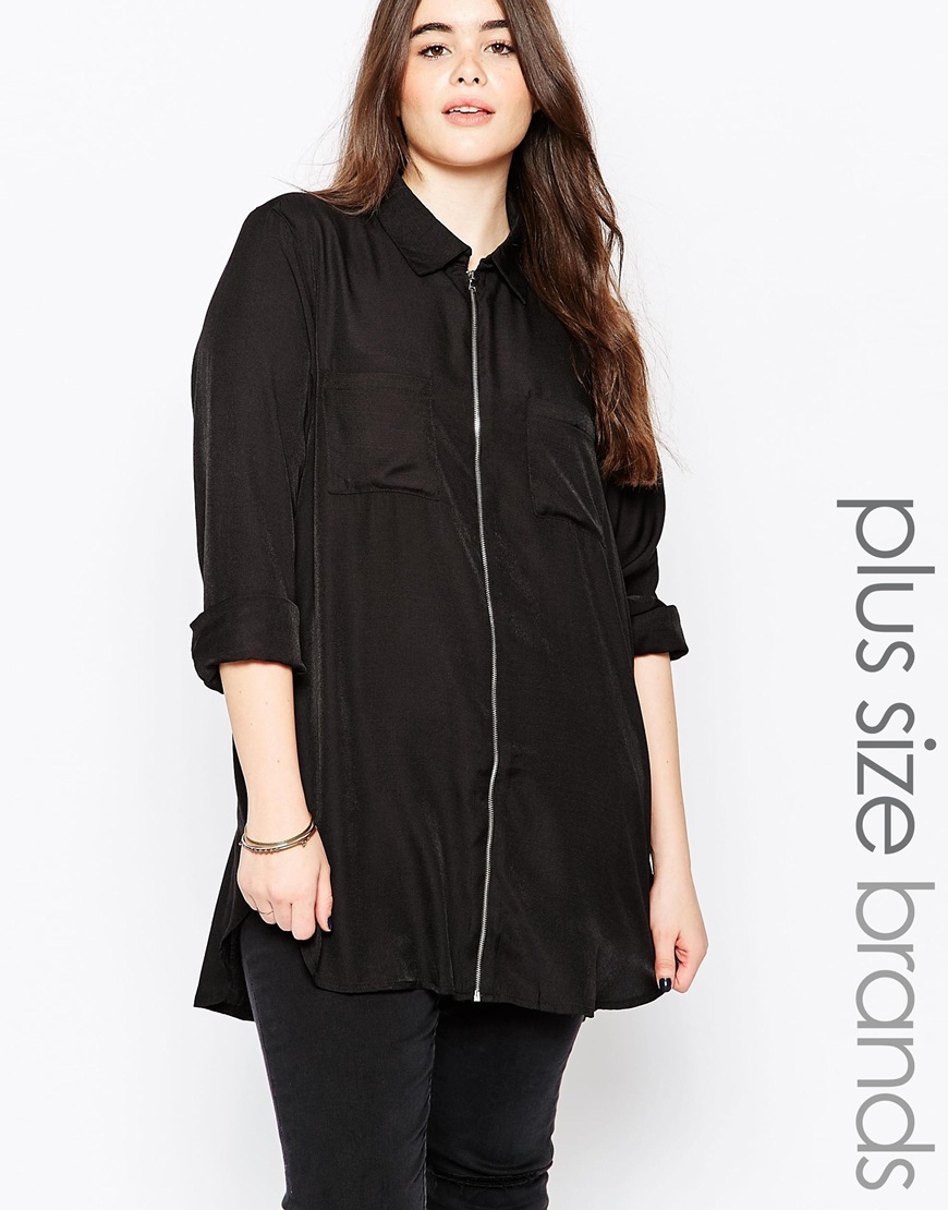 Plus Utility Longline Shirt Black - neckline: shirt collar/peter pan/zip with opening; pattern: plain; length: below the bottom; style: shirt; bust detail: pocket detail at bust; predominant colour: black; occasions: casual, creative work; fibres: polyester/polyamide - 100%; fit: loose; sleeve length: 3/4 length; sleeve style: standard; texture group: silky - light; pattern type: fabric; embellishment: zips; season: a/w 2015