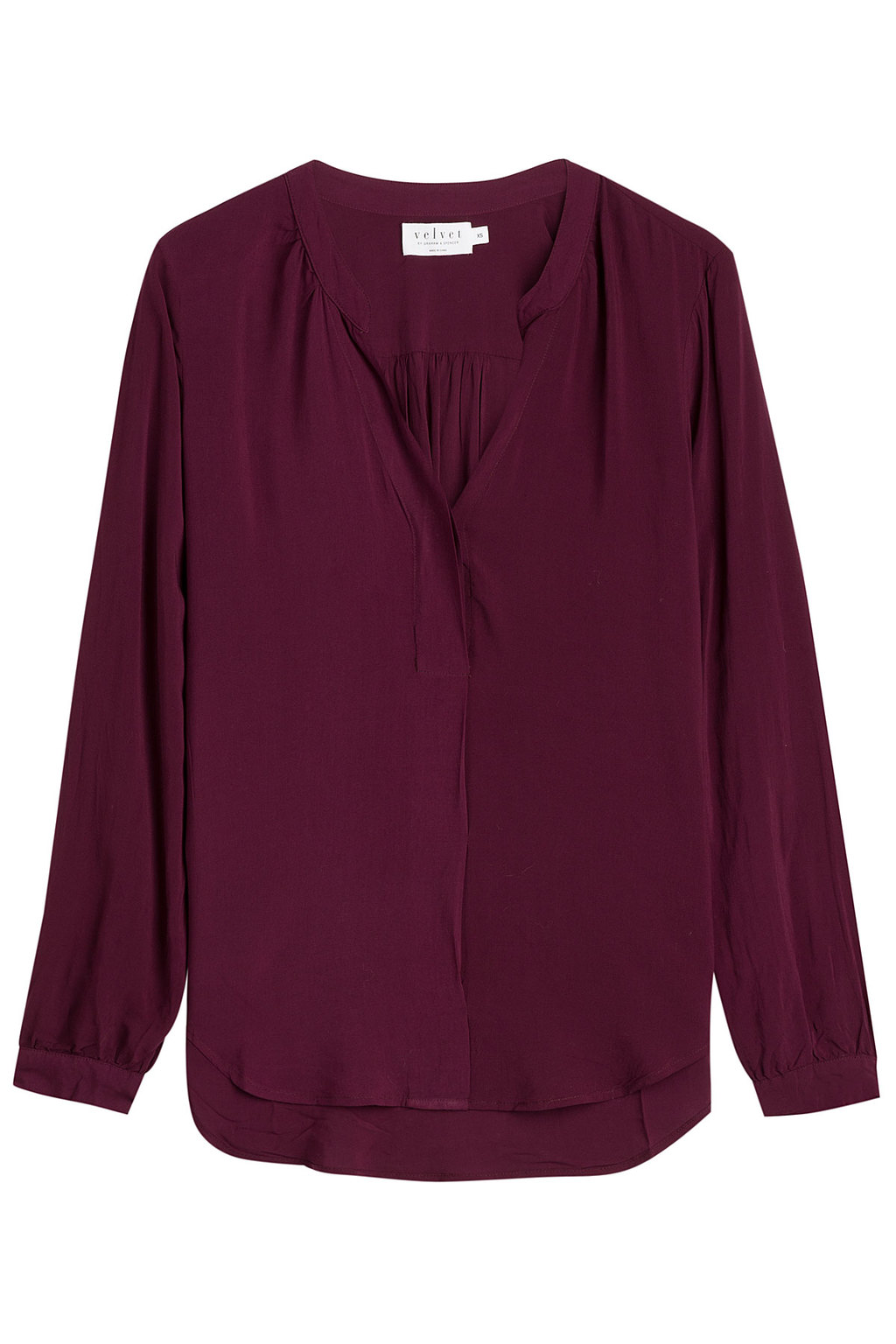 V Neck Blouse With Asymmetric Hem Purple - neckline: low v-neck; pattern: plain; length: below the bottom; style: blouse; predominant colour: purple; occasions: work, creative work; fit: loose; shoulder detail: flat/draping pleats/ruching/gathering at shoulder; back detail: longer hem at back than at front; sleeve length: long sleeve; sleeve style: standard; texture group: sheer fabrics/chiffon/organza etc.; pattern type: fabric; season: a/w 2015