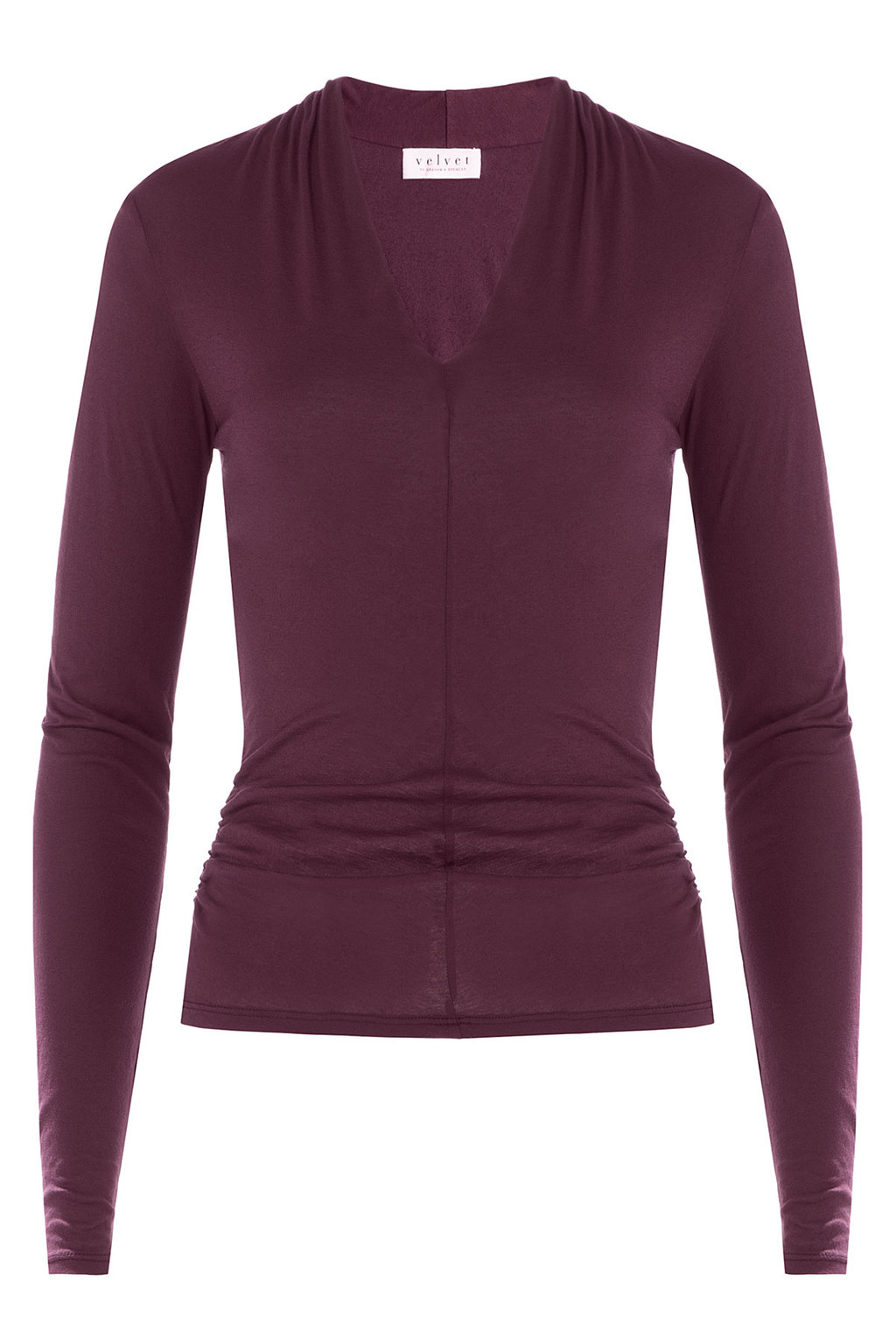 Cotton Top Purple - neckline: v-neck; pattern: plain; predominant colour: aubergine; occasions: casual, creative work; length: standard; style: top; fibres: cotton - 100%; fit: body skimming; sleeve length: long sleeve; sleeve style: standard; pattern type: fabric; pattern size: standard; texture group: jersey - stretchy/drapey; season: a/w 2015