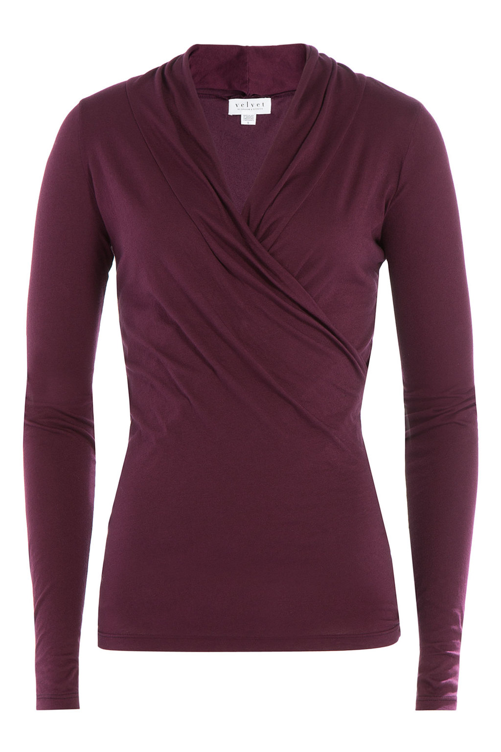 Draped Cotton Top Purple - neckline: v-neck; pattern: plain; style: wrap/faux wrap; predominant colour: aubergine; occasions: casual, creative work; length: standard; fibres: cotton - stretch; fit: body skimming; sleeve length: long sleeve; sleeve style: standard; texture group: jersey - clingy; pattern type: fabric; season: a/w 2015