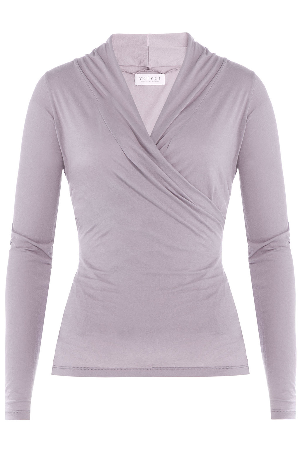 Draped Cotton Top Purple - neckline: v-neck; pattern: plain; style: wrap/faux wrap; bust detail: ruching/gathering/draping/layers/pintuck pleats at bust; predominant colour: mid grey; occasions: casual, creative work; length: standard; fibres: cotton - 100%; fit: body skimming; sleeve length: long sleeve; sleeve style: standard; texture group: jersey - clingy; pattern type: fabric; season: a/w 2015