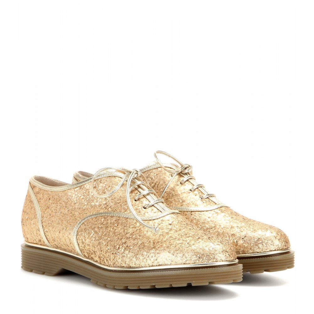 Stefania Glitter Embellished Oxford Shoes - predominant colour: gold; occasions: casual, creative work; material: leather; heel height: flat; embellishment: glitter; toe: round toe; style: brogues; finish: metallic; pattern: plain; shoe detail: tread; season: a/w 2015