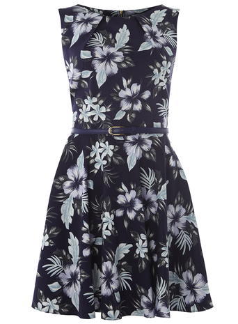 Womens **Closet Curve Blue Flared Belted Dress Blue - sleeve style: sleeveless; waist detail: belted waist/tie at waist/drawstring; secondary colour: mid grey; predominant colour: black; occasions: evening; length: just above the knee; fit: fitted at waist & bust; style: fit & flare; fibres: cotton - stretch; neckline: crew; sleeve length: sleeveless; pattern type: fabric; pattern: florals; texture group: jersey - stretchy/drapey; multicoloured: multicoloured; season: a/w 2015