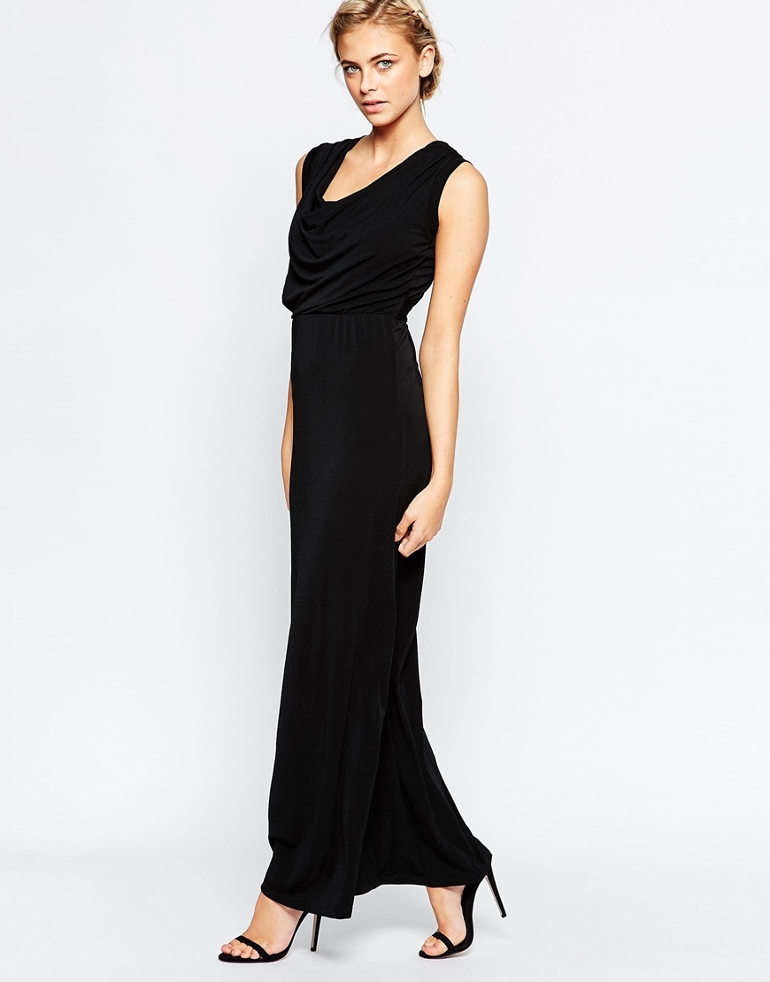 Maxi Dress With Drape Neckline Black - neckline: cowl/draped neck; pattern: plain; sleeve style: sleeveless; style: maxi dress; predominant colour: black; occasions: evening, occasion; length: floor length; fit: body skimming; fibres: polyester/polyamide - stretch; sleeve length: sleeveless; pattern type: fabric; texture group: jersey - stretchy/drapey; season: a/w 2015