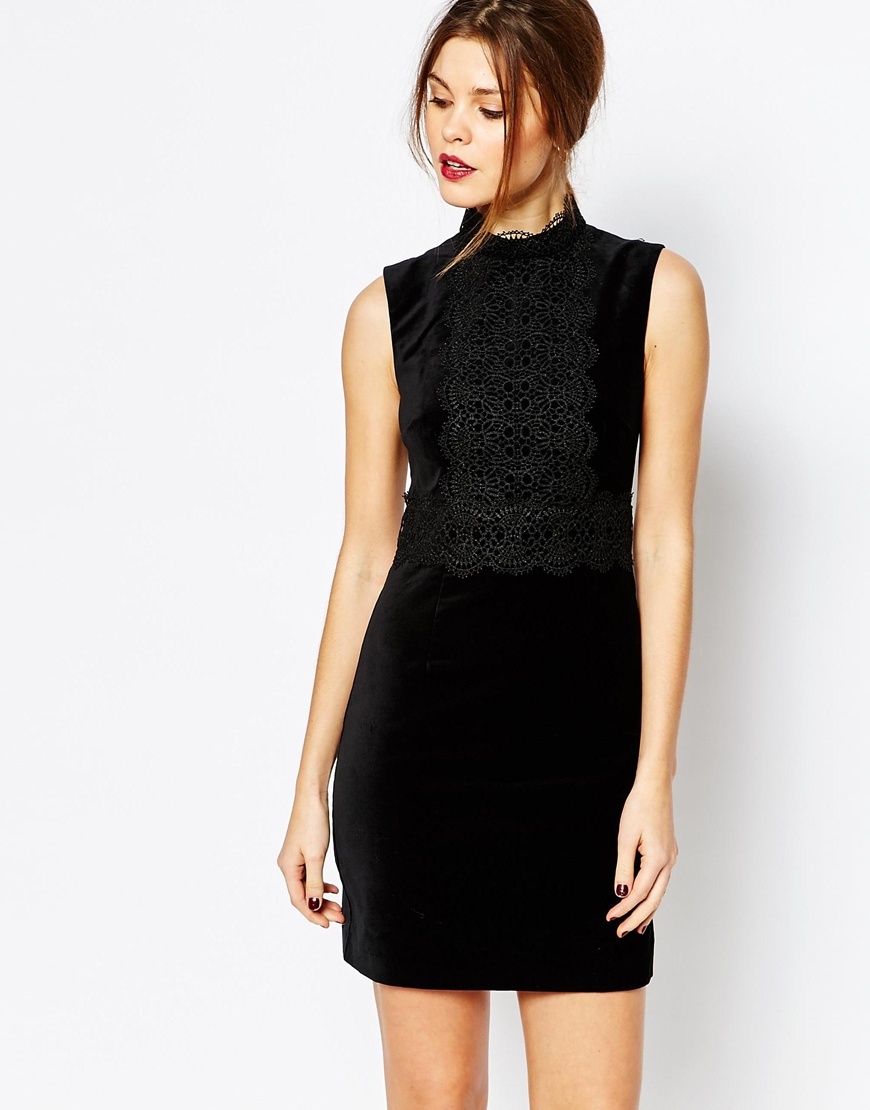 Lace Collar Velvet Dress Black - length: mini; fit: tight; sleeve style: sleeveless; style: bodycon; bust detail: added detail/embellishment at bust; hip detail: fitted at hip; predominant colour: black; occasions: evening; neckline: collarstand; fibres: polyester/polyamide - stretch; sleeve length: sleeveless; pattern type: fabric; pattern size: light/subtle; pattern: patterned/print; texture group: velvet/fabrics with pile; embellishment: lace; season: a/w 2015; trends: romantic goth