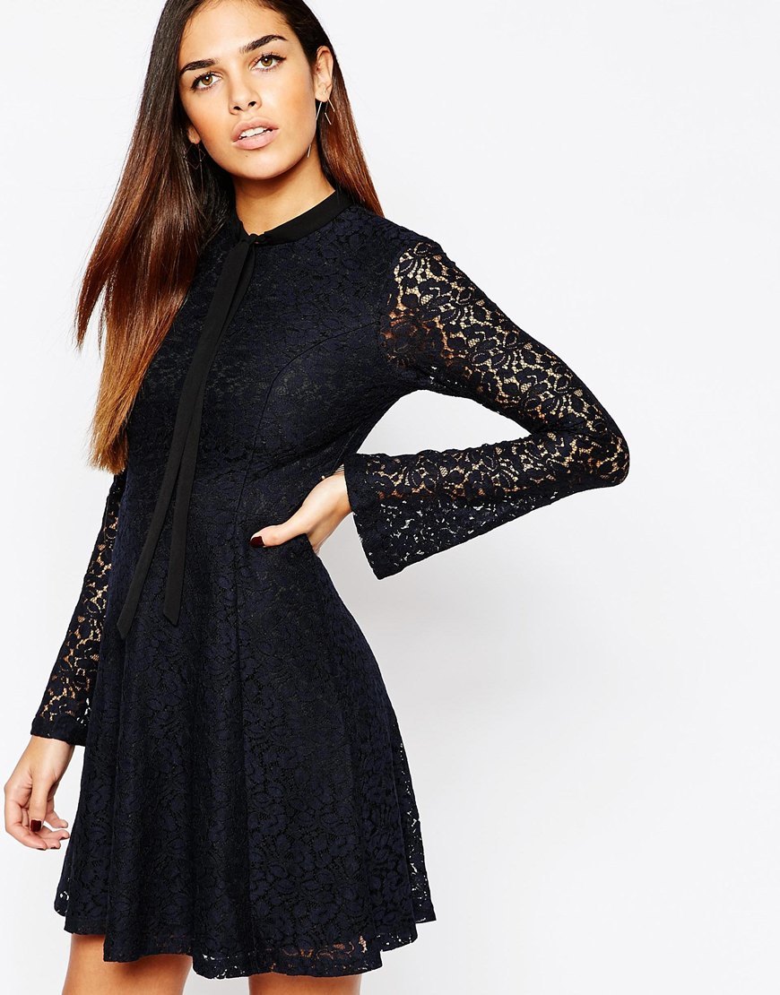 Lace Pussybow Dress Navy - length: mid thigh; sleeve style: angel/waterfall; fit: loose; neckline: pussy bow; predominant colour: navy; occasions: evening; style: fit & flare; fibres: polyester/polyamide - 100%; hip detail: soft pleats at hip/draping at hip/flared at hip; sleeve length: long sleeve; texture group: lace; pattern type: fabric; pattern size: standard; pattern: patterned/print; season: a/w 2015
