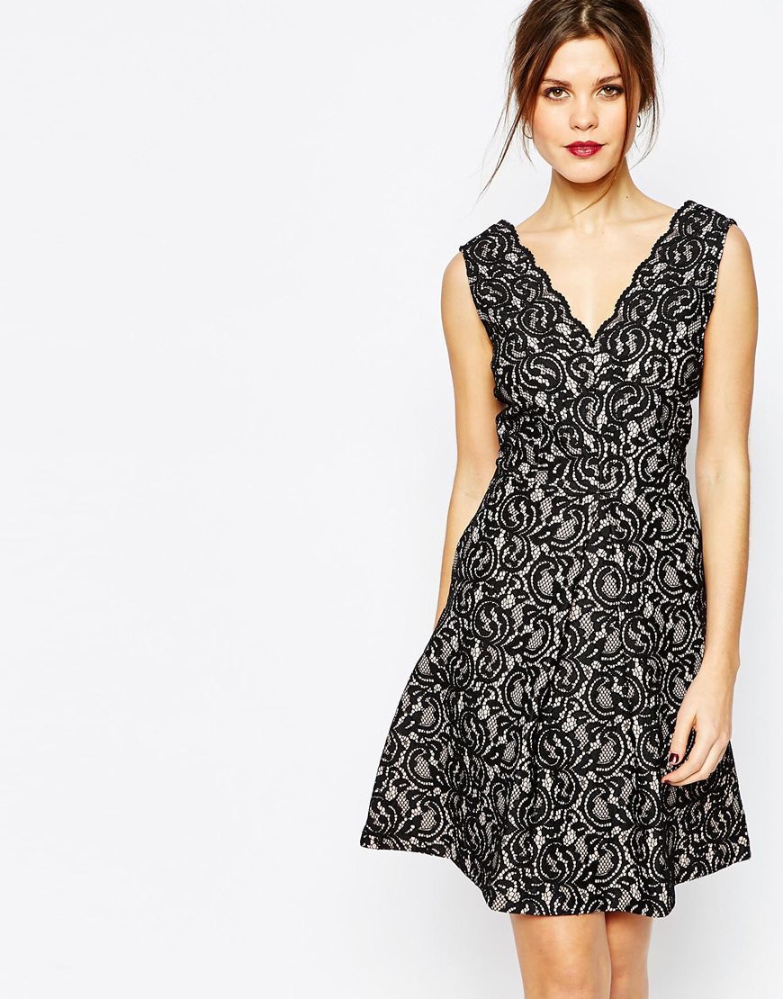 Lace Skater Dress Black - length: mid thigh; neckline: v-neck; sleeve style: sleeveless; predominant colour: black; occasions: evening, occasion; fit: fitted at waist & bust; style: fit & flare; fibres: polyester/polyamide - mix; hip detail: soft pleats at hip/draping at hip/flared at hip; sleeve length: sleeveless; texture group: lace; pattern type: fabric; pattern size: standard; pattern: patterned/print; season: a/w 2015