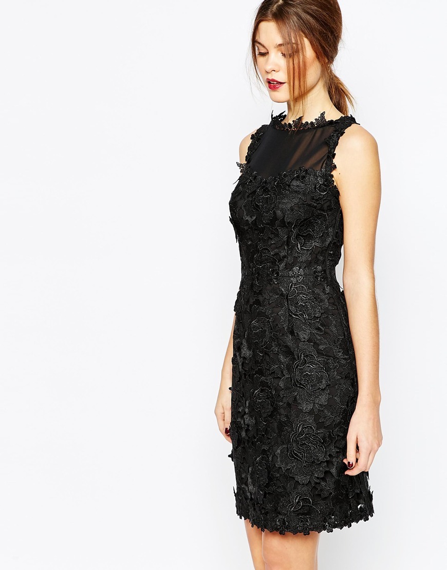 Premium Lace Dress Black - style: shift; neckline: slash/boat neckline; sleeve style: standard vest straps/shoulder straps; fit: tailored/fitted; predominant colour: black; occasions: evening, occasion; length: just above the knee; fibres: polyester/polyamide - 100%; sleeve length: sleeveless; texture group: lace; pattern type: fabric; pattern size: standard; pattern: patterned/print; season: a/w 2015