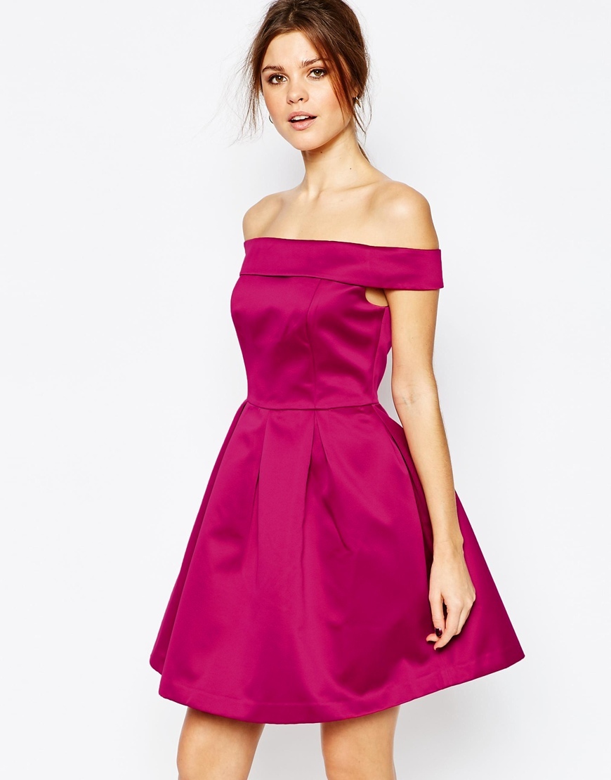 Satin Bardot Prom Dress Pink - length: mid thigh; neckline: off the shoulder; sleeve style: capped; pattern: plain; style: prom dress; predominant colour: hot pink; occasions: evening, occasion; fit: fitted at waist & bust; fibres: polyester/polyamide - 100%; hip detail: structured pleats at hip; sleeve length: short sleeve; texture group: structured shiny - satin/tafetta/silk etc.; pattern type: fabric; pattern size: standard; season: a/w 2015