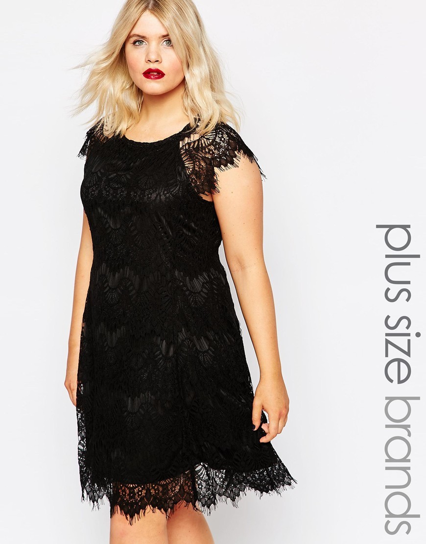 Plus Dress In Eyelash Lace Black - neckline: round neck; sleeve style: capped; fit: tight; style: bodycon; predominant colour: black; occasions: evening; length: on the knee; fibres: polyester/polyamide - 100%; sleeve length: short sleeve; texture group: lace; pattern type: fabric; pattern: patterned/print; season: a/w 2015