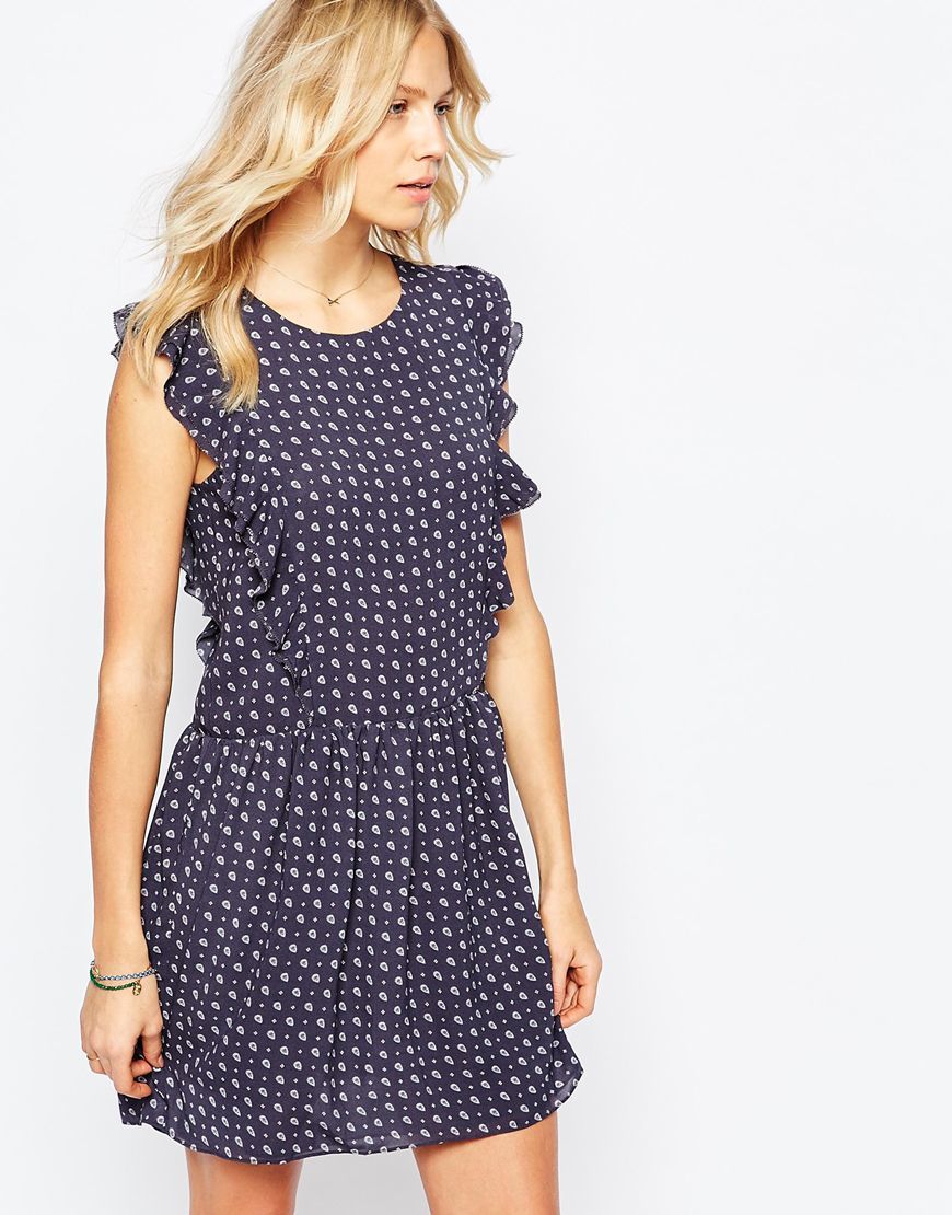 Ruffle Front Print Dress Blue - style: shift; length: mid thigh; sleeve style: sleeveless; pattern: polka dot; predominant colour: navy; secondary colour: navy; occasions: casual; fit: soft a-line; fibres: polyester/polyamide - 100%; neckline: crew; sleeve length: sleeveless; pattern type: fabric; pattern size: standard; texture group: other - light to midweight; season: a/w 2015