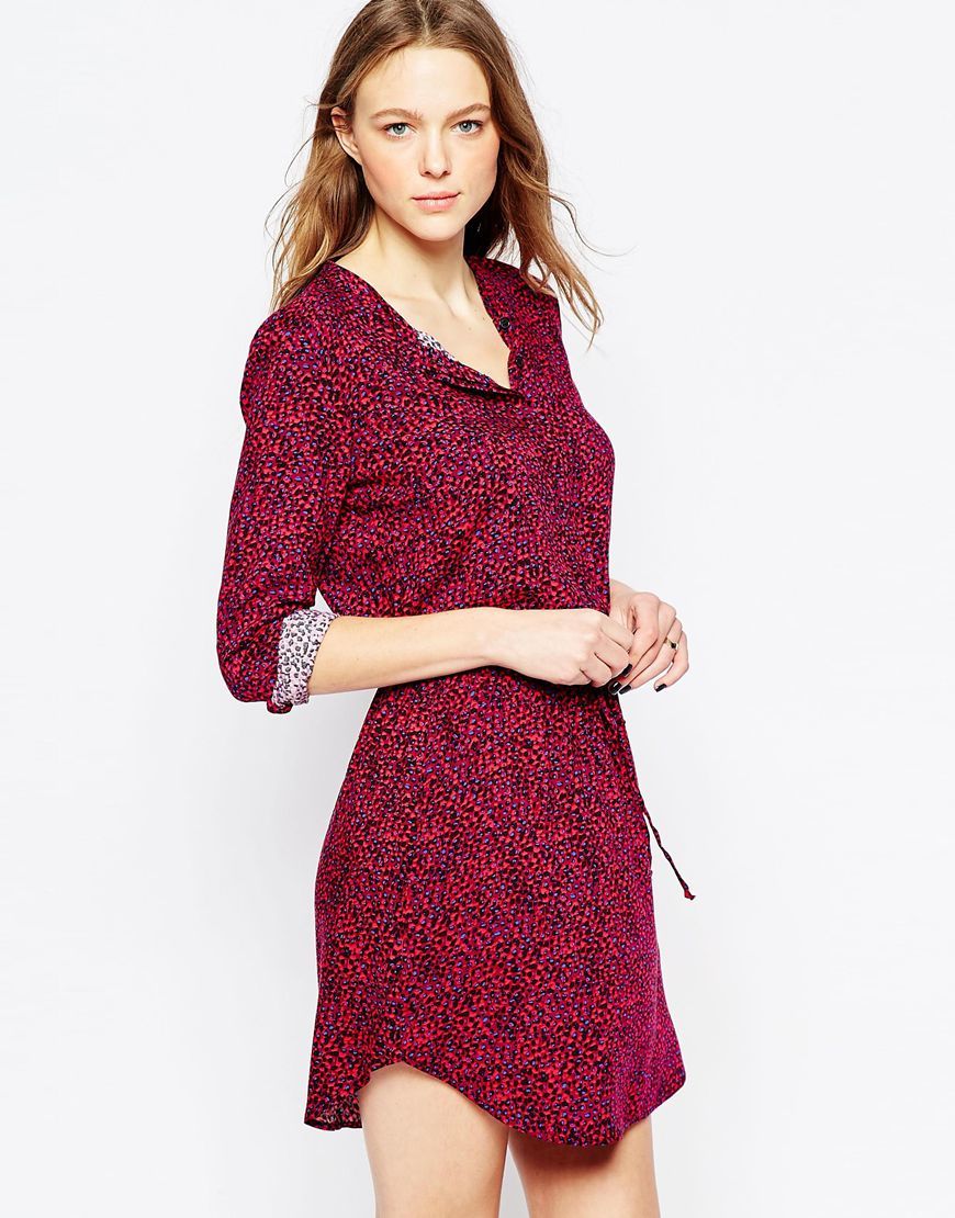 West Village Leopard Dress Aubergine - style: shirt; length: mid thigh; occasions: casual; fit: body skimming; neckline: collarstand; fibres: viscose/rayon - 100%; sleeve length: long sleeve; sleeve style: standard; pattern type: fabric; pattern size: standard; pattern: animal print; texture group: woven light midweight; predominant colour: raspberry; multicoloured: multicoloured; season: a/w 2015