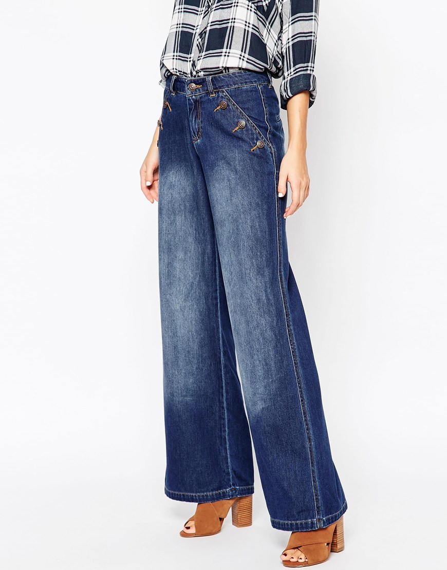 Button Front 70's Flared Jeans Blue - style: flares; length: standard; pattern: plain; pocket detail: pockets at the sides; waist: mid/regular rise; predominant colour: navy; occasions: casual; fibres: cotton - 100%; texture group: denim; pattern type: fabric; season: a/w 2015