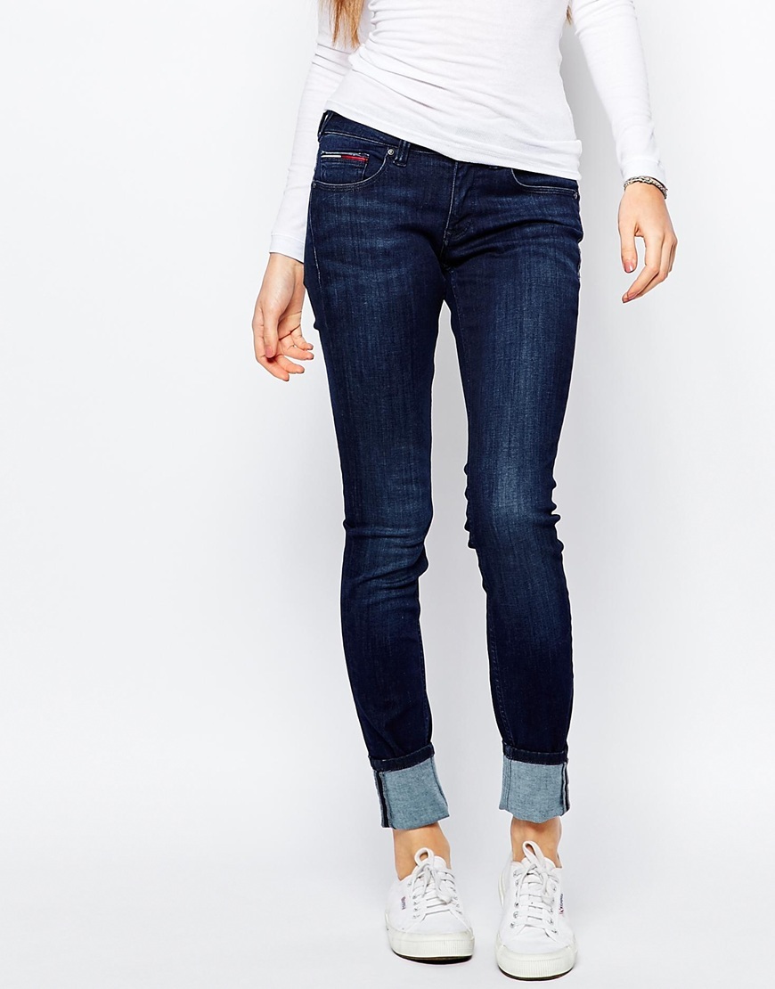 Low Rise Skinny Sophie Jean Dark Blue - style: skinny leg; length: standard; pattern: plain; waist: mid/regular rise; predominant colour: navy; occasions: casual, creative work; fibres: cotton - mix; jeans & bottoms detail: turn ups; texture group: denim; pattern type: fabric; season: a/w 2015