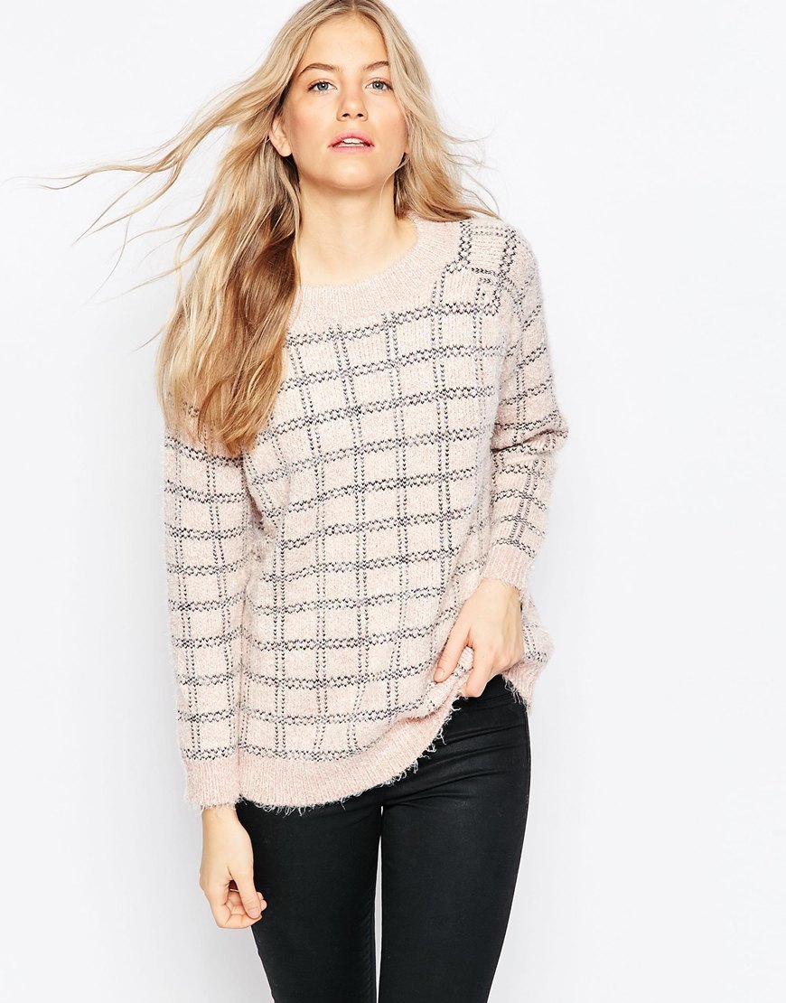 Claudia Checked Knit Jumper Rose Dawn/Pewter - pattern: checked/gingham; style: standard; predominant colour: blush; secondary colour: mid grey; occasions: casual; length: standard; fibres: polyester/polyamide - mix; fit: slim fit; neckline: crew; sleeve length: long sleeve; sleeve style: standard; texture group: knits/crochet; pattern type: fabric; multicoloured: multicoloured; season: a/w 2015