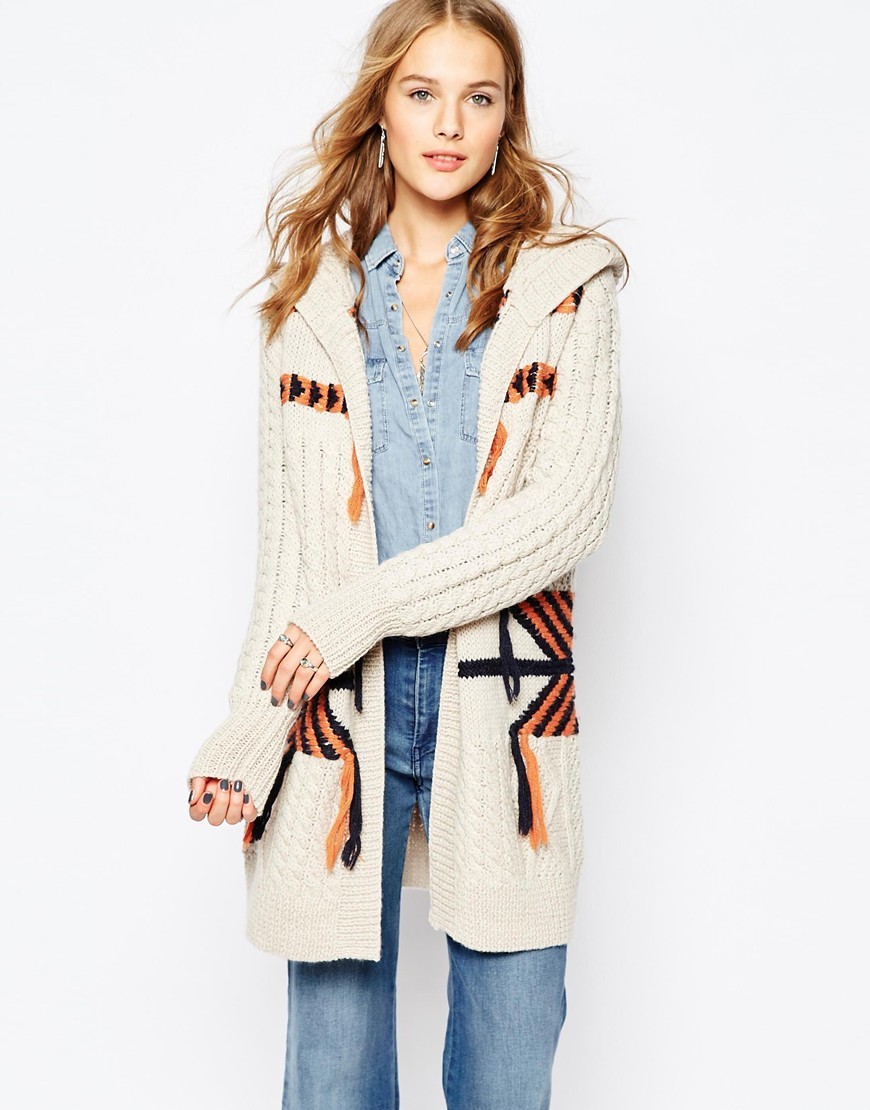 Tassel Aztec Cardigan Birch - back detail: hood; neckline: collarless open; style: open front; secondary colour: ivory/cream; predominant colour: navy; occasions: casual; fibres: wool - mix; fit: standard fit; length: mid thigh; sleeve length: long sleeve; sleeve style: standard; texture group: knits/crochet; pattern type: knitted - other; pattern: patterned/print; pattern size: big & busy (top); multicoloured: multicoloured; season: a/w 2015