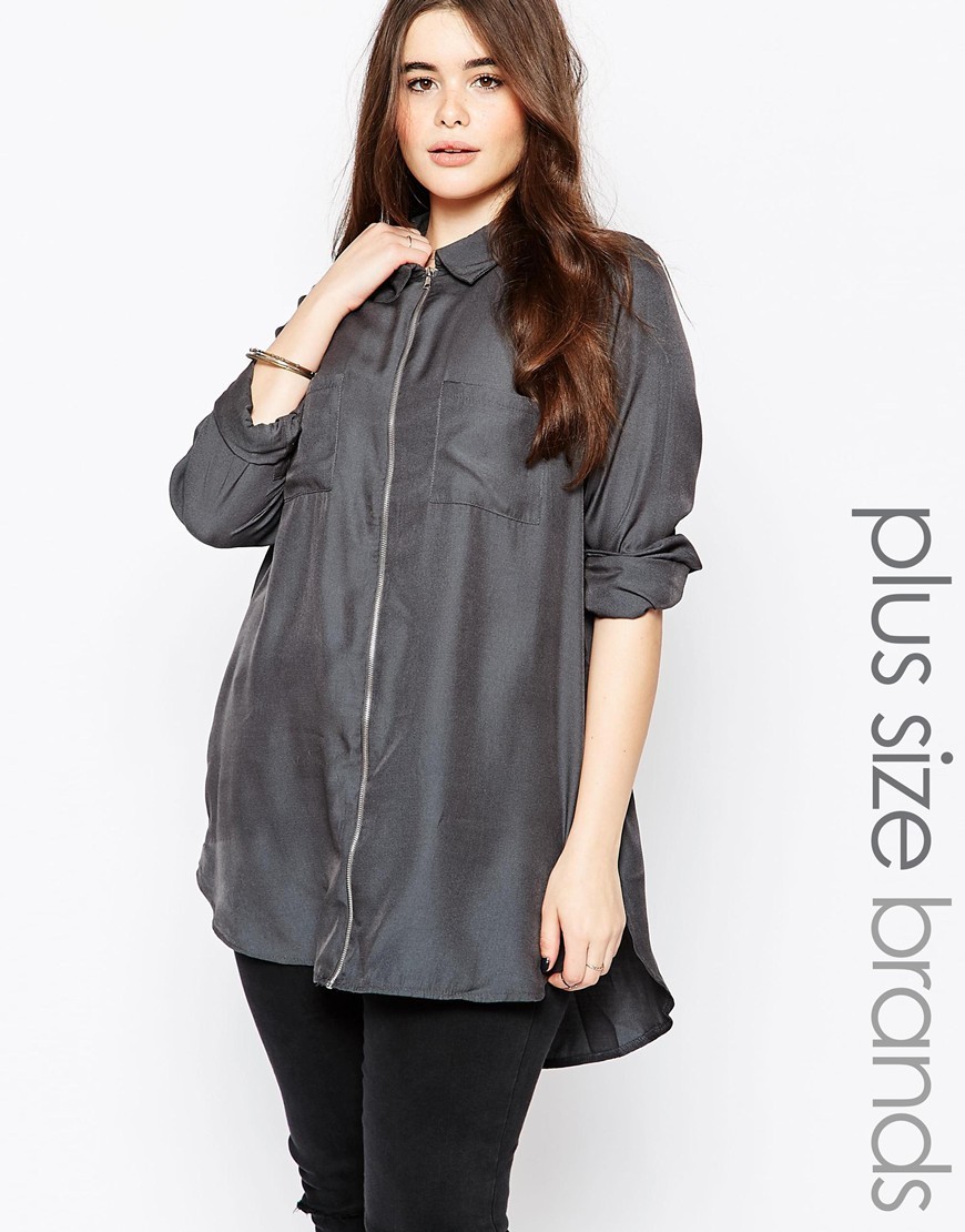 Plus Utility Longline Shirt Charcoal - neckline: shirt collar/peter pan/zip with opening; pattern: plain; length: below the bottom; style: shirt; predominant colour: mid grey; occasions: casual, creative work; fit: straight cut; sleeve length: 3/4 length; sleeve style: standard; texture group: crepes; pattern type: fabric; fibres: viscose/rayon - mix; season: a/w 2015