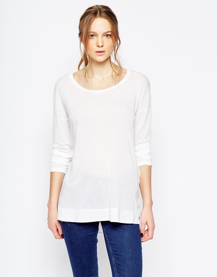 Scoop Neck Long Sleeve Top White - neckline: round neck; pattern: plain; length: below the bottom; predominant colour: white; occasions: casual; style: top; fibres: cotton - mix; fit: body skimming; sleeve length: long sleeve; sleeve style: standard; pattern type: fabric; texture group: jersey - stretchy/drapey; season: a/w 2015