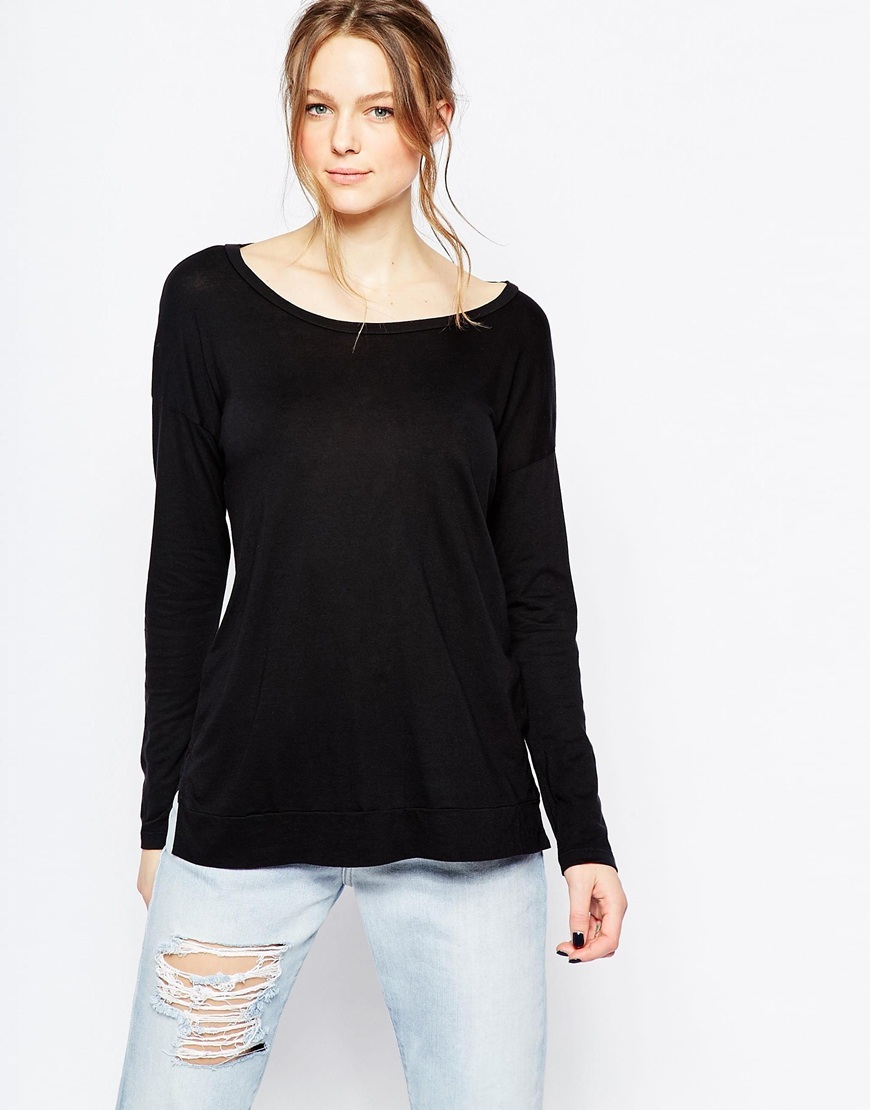 Scoop Back Long Sleeve Top Black - pattern: plain; predominant colour: black; occasions: casual, work, creative work; length: standard; style: top; neckline: scoop; fibres: cotton - mix; fit: body skimming; sleeve length: long sleeve; sleeve style: standard; pattern type: fabric; texture group: jersey - stretchy/drapey; season: a/w 2015