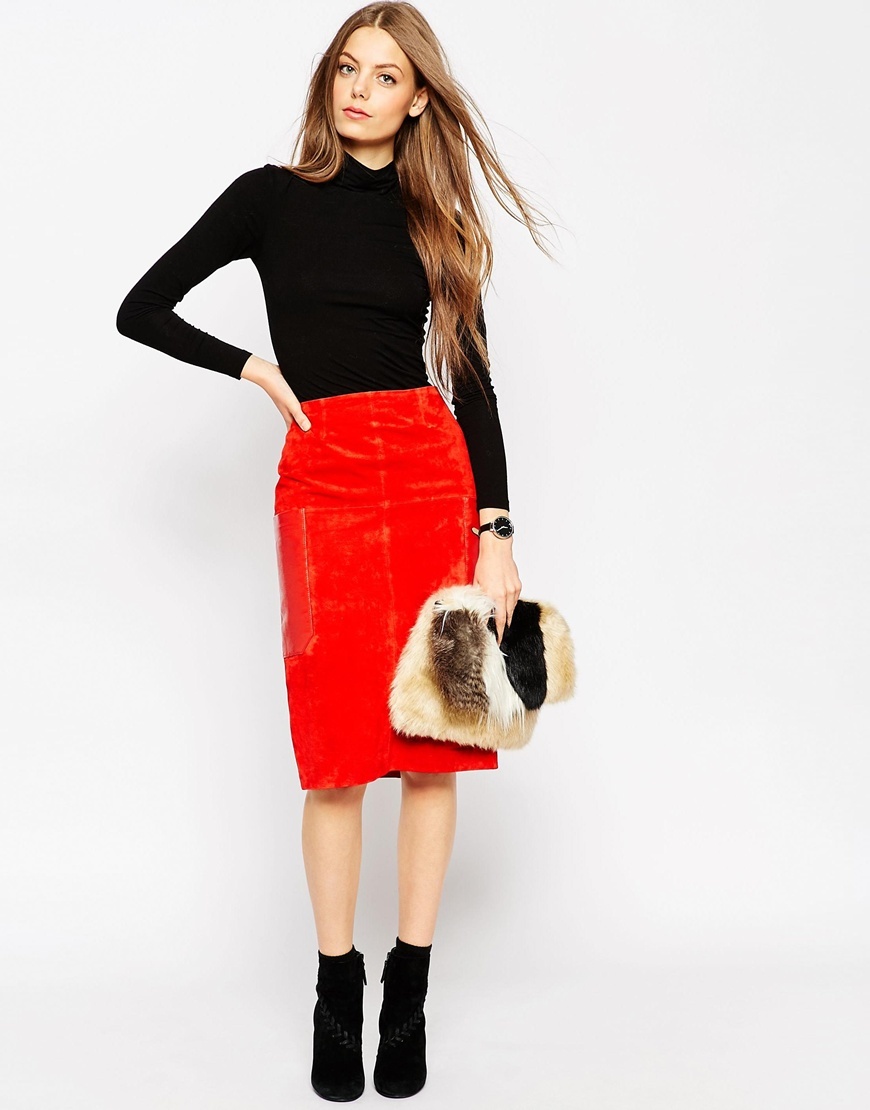 Suede Pencil Skirt With Leather Pockets Orange - length: below the knee; pattern: plain; style: pencil; fit: tailored/fitted; waist: high rise; predominant colour: bright orange; occasions: work, creative work; fibres: leather - 100%; waist detail: narrow waistband; pattern type: fabric; texture group: suede; season: a/w 2015