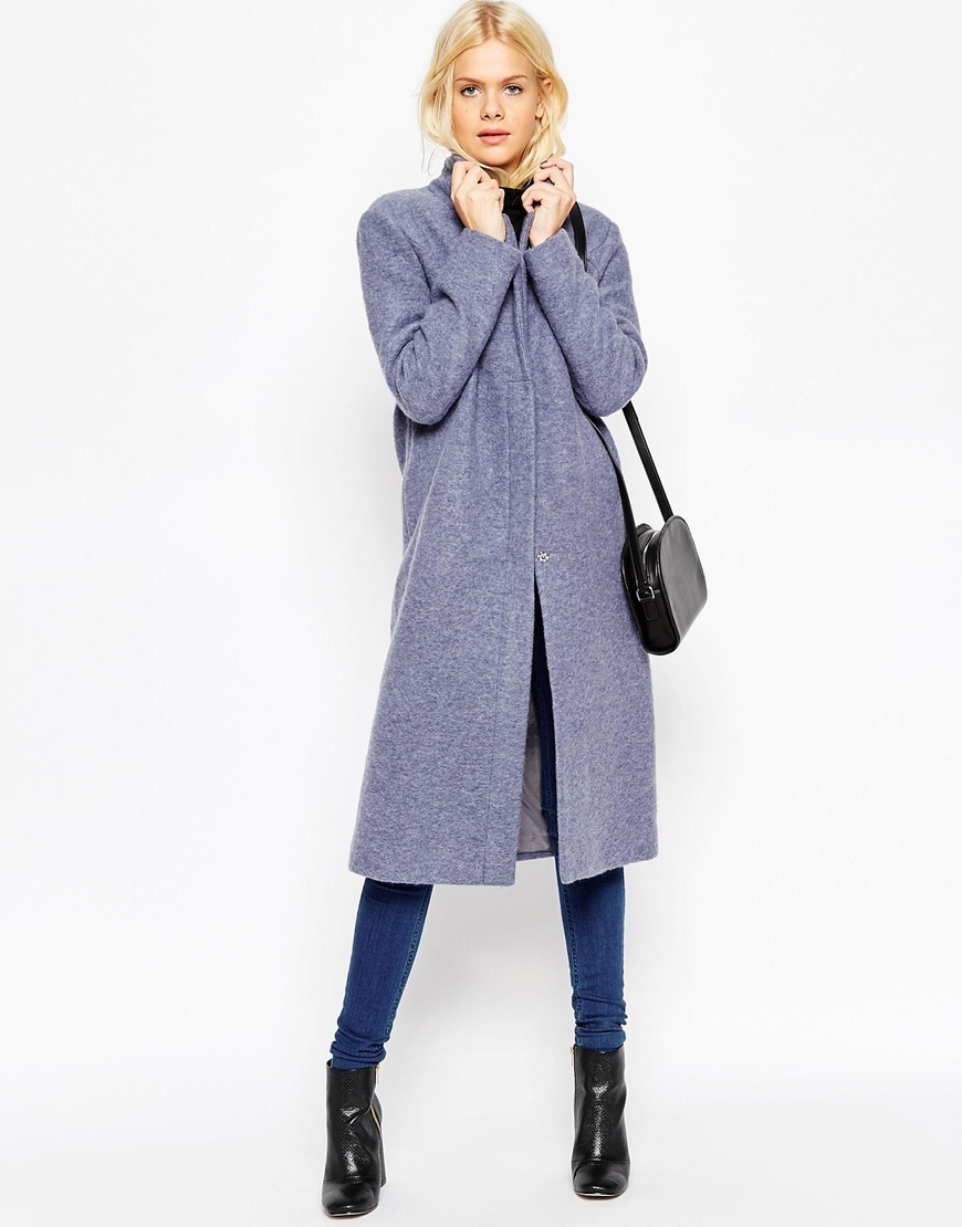 Wool Blend Coat With Zip Front Denim Blue - pattern: plain; collar: funnel; style: single breasted; length: on the knee; predominant colour: denim; occasions: casual, work, creative work; fit: tailored/fitted; fibres: wool - mix; sleeve length: long sleeve; sleeve style: standard; collar break: high; pattern type: fabric; texture group: woven bulky/heavy; season: a/w 2015