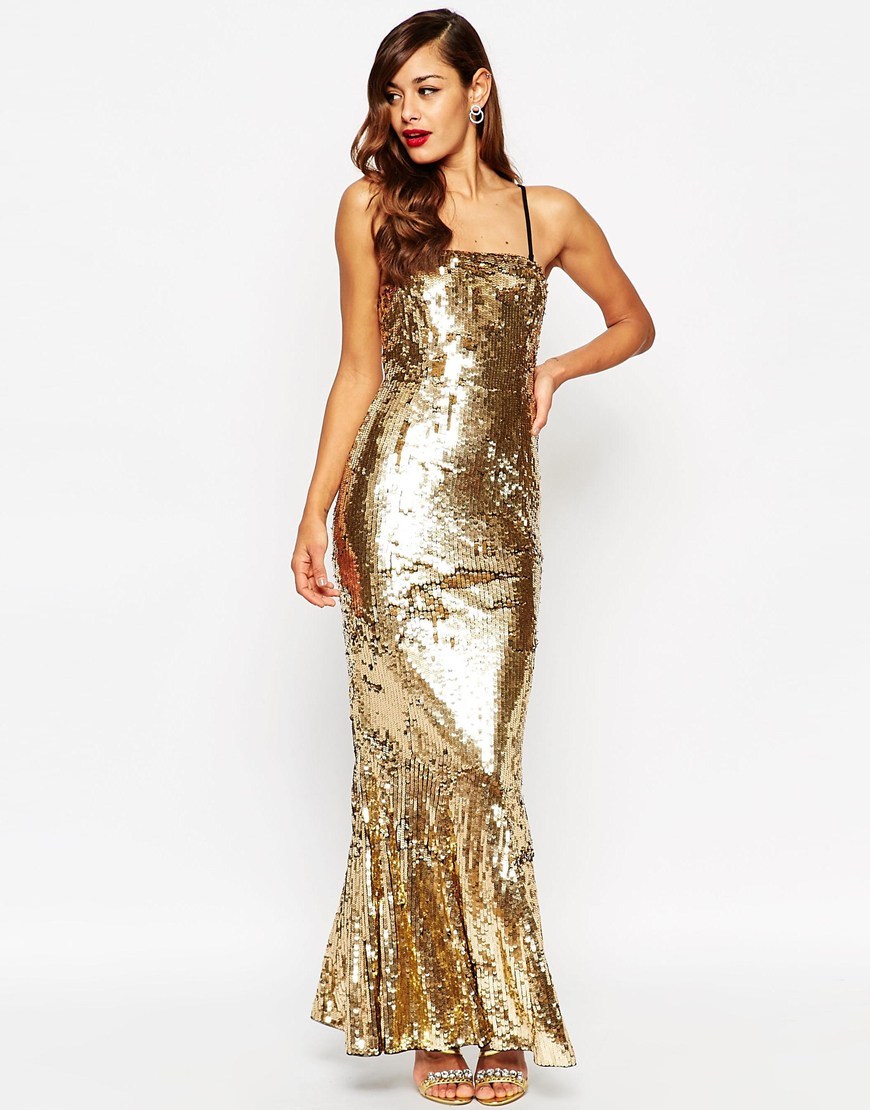 Red Carpet Sequin Bandeau Fishtail Maxi Dress Gold - style: ballgown; sleeve style: spaghetti straps; pattern: plain; length: ankle length; predominant colour: gold; occasions: evening; fit: body skimming; fibres: polyester/polyamide - 100%; sleeve length: sleeveless; texture group: ornate wovens; neckline: medium square neck; pattern type: fabric; embellishment: sequins; season: a/w 2015